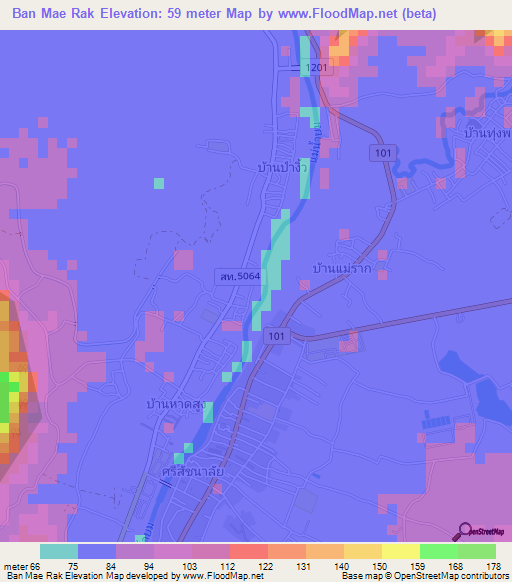 Ban Mae Rak,Thailand Elevation Map