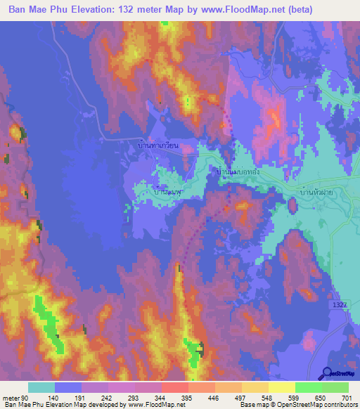Ban Mae Phu,Thailand Elevation Map