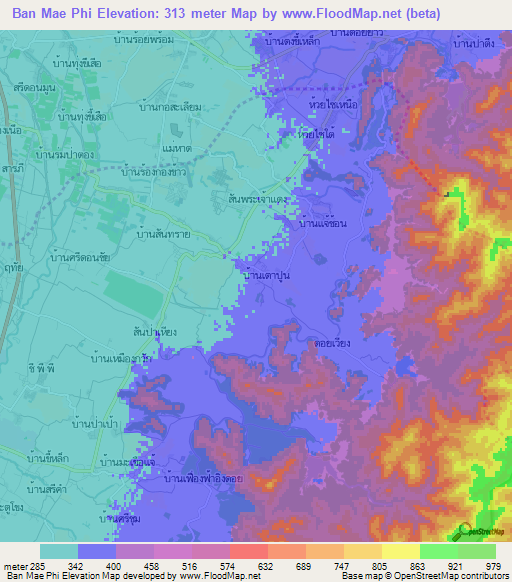 Ban Mae Phi,Thailand Elevation Map