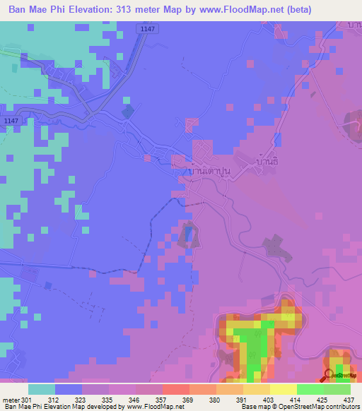 Ban Mae Phi,Thailand Elevation Map