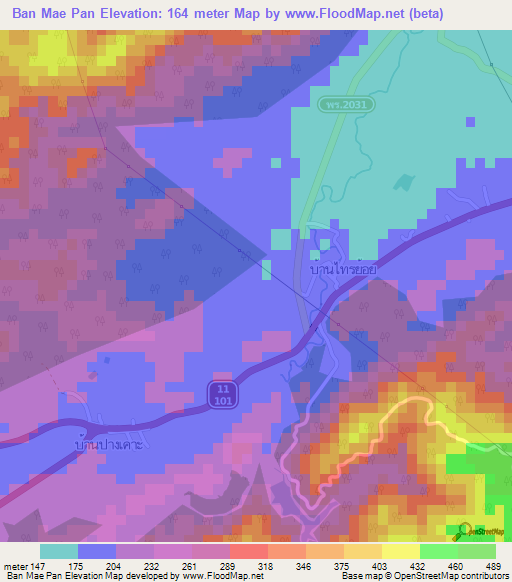 Ban Mae Pan,Thailand Elevation Map