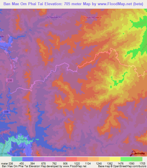 Ban Mae Om Phai Tai,Thailand Elevation Map