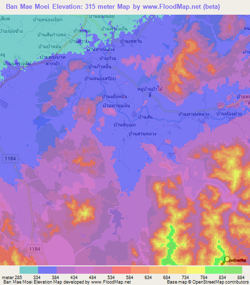 Ban Mae Moei,Thailand Elevation Map