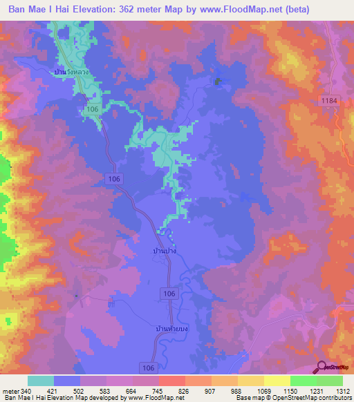 Ban Mae I Hai,Thailand Elevation Map
