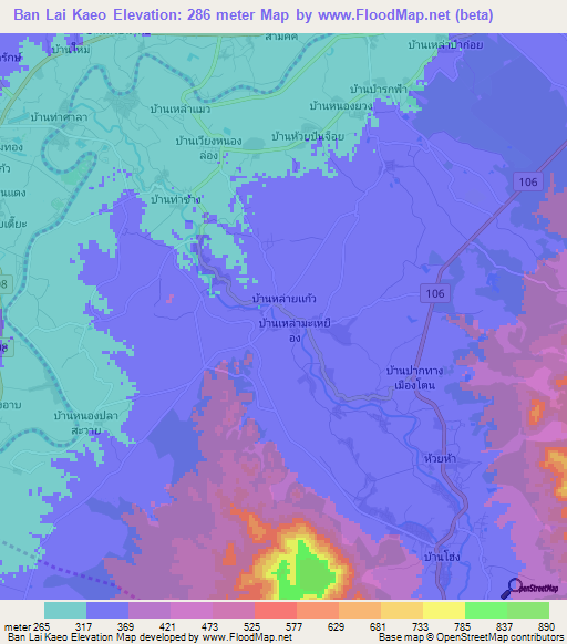 Ban Lai Kaeo,Thailand Elevation Map