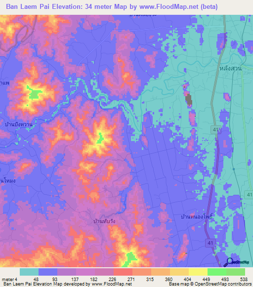 Ban Laem Pai,Thailand Elevation Map