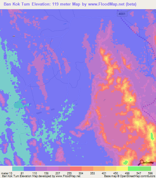 Ban Kok Tum,Thailand Elevation Map