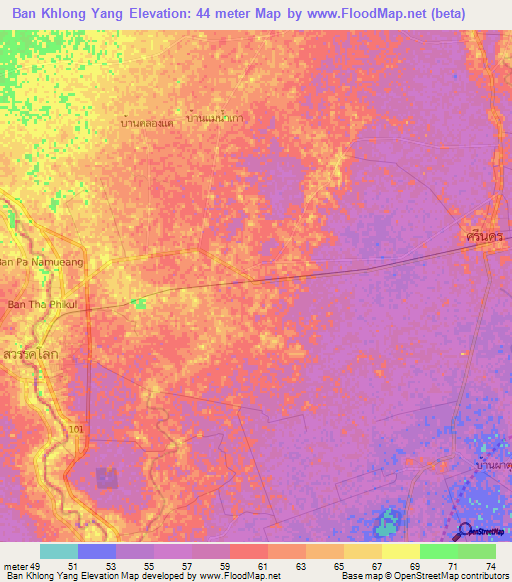 Ban Khlong Yang,Thailand Elevation Map
