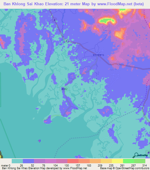 Ban Khlong Sai Khao,Thailand Elevation Map