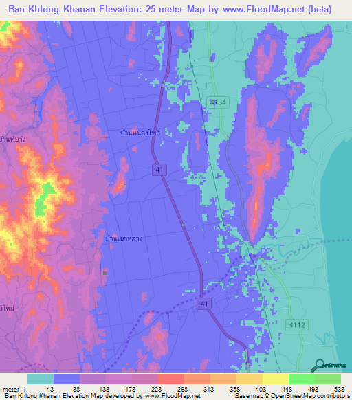 Ban Khlong Khanan,Thailand Elevation Map