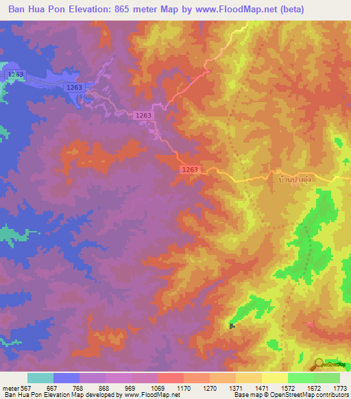 Ban Hua Pon,Thailand Elevation Map