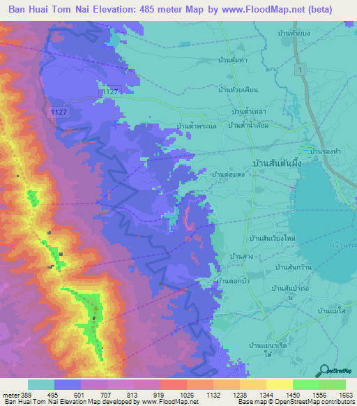 Ban Huai Tom Nai,Thailand Elevation Map