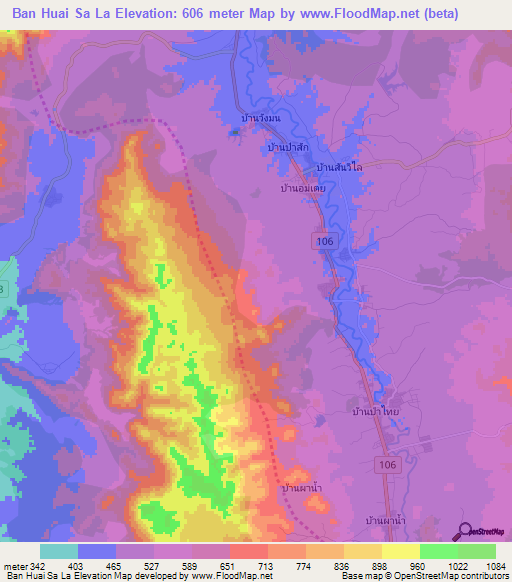 Ban Huai Sa La,Thailand Elevation Map
