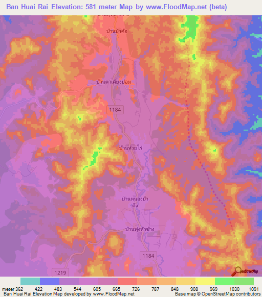 Ban Huai Rai,Thailand Elevation Map
