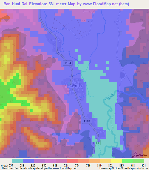 Ban Huai Rai,Thailand Elevation Map