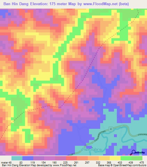 Ban Hin Dang,Thailand Elevation Map
