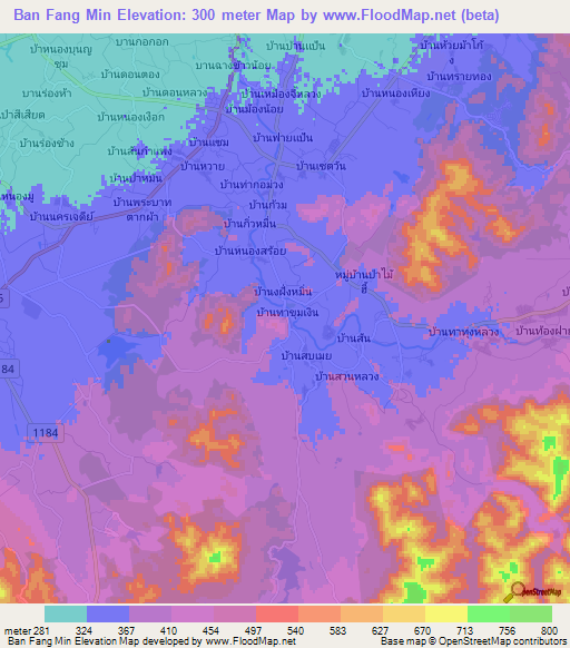 Ban Fang Min,Thailand Elevation Map