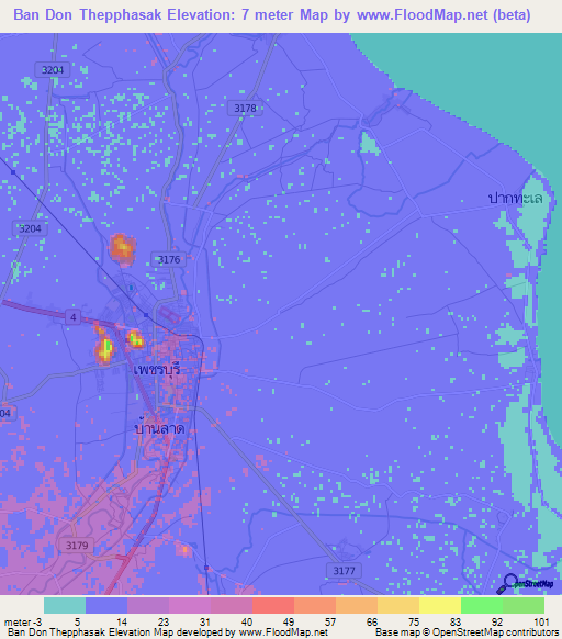 Ban Don Thepphasak,Thailand Elevation Map