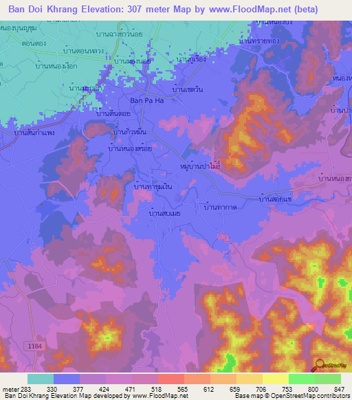 Ban Doi Khrang,Thailand Elevation Map