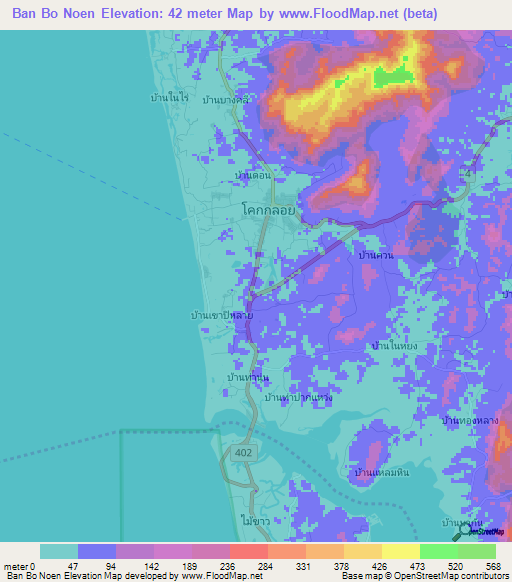 Ban Bo Noen,Thailand Elevation Map