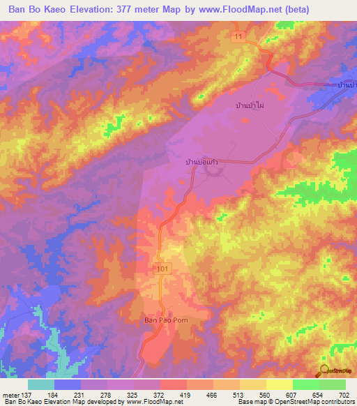 Ban Bo Kaeo,Thailand Elevation Map
