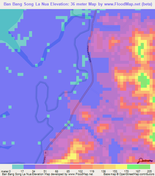 Ban Bang Song La Nua,Thailand Elevation Map