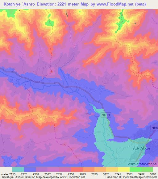 Kotah-ye `Ashro,Afghanistan Elevation Map