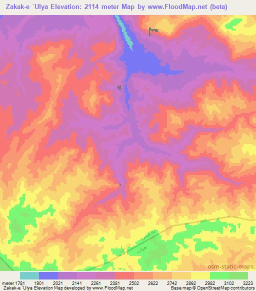 Zakak-e `Ulya,Afghanistan Elevation Map
