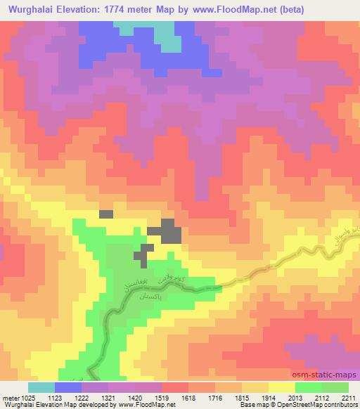 Wurghalai,Afghanistan Elevation Map