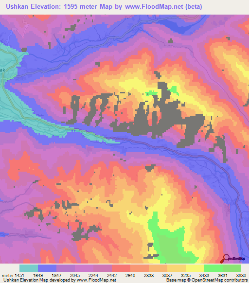 Ushkan,Afghanistan Elevation Map