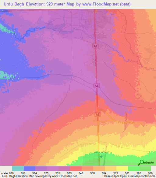 Urdu Bagh,Afghanistan Elevation Map