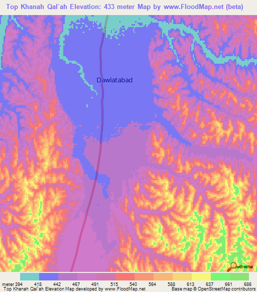 Top Khanah Qal`ah,Afghanistan Elevation Map