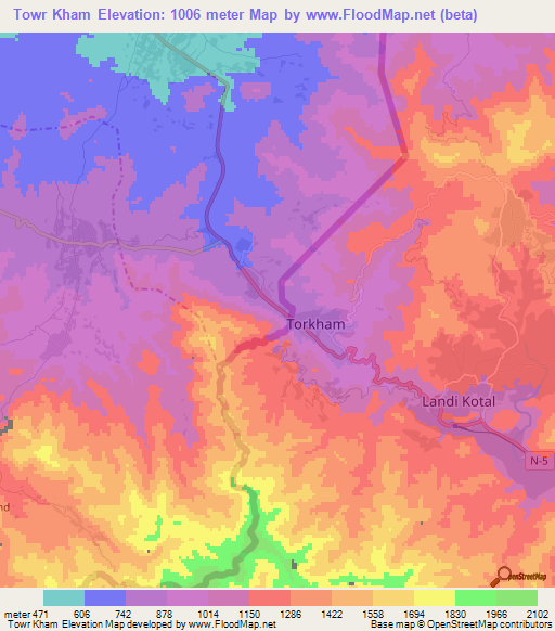 Towr Kham,Afghanistan Elevation Map
