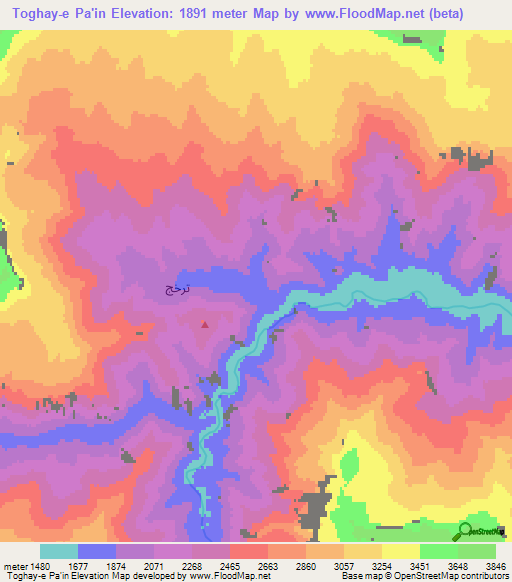Toghay-e Pa'in,Afghanistan Elevation Map
