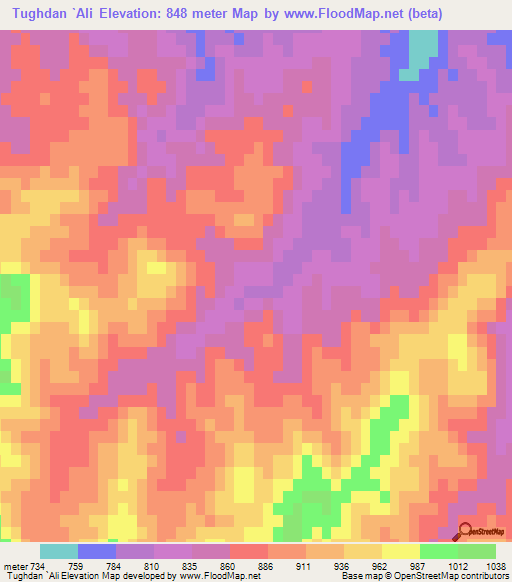 Tughdan `Ali,Afghanistan Elevation Map