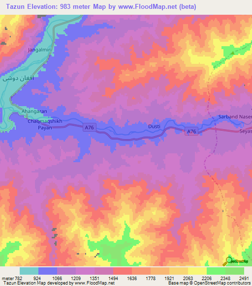Tazun,Afghanistan Elevation Map