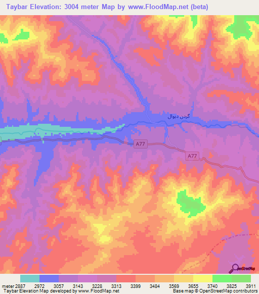 Taybar,Afghanistan Elevation Map