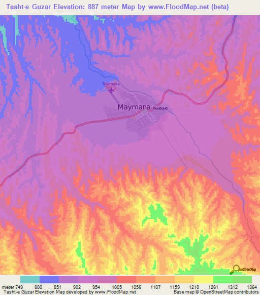Tasht-e Guzar,Afghanistan Elevation Map