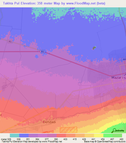Takhta Pul,Afghanistan Elevation Map