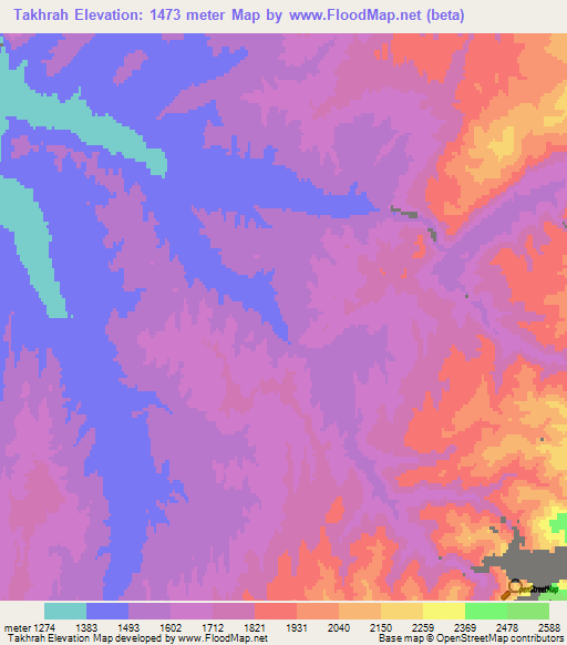 Takhrah,Afghanistan Elevation Map