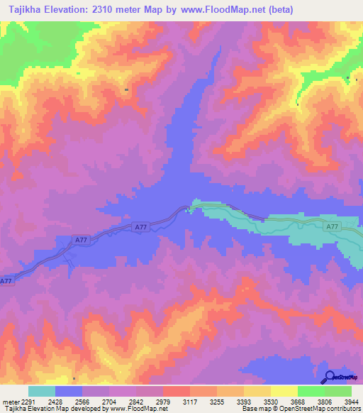 Tajikha,Afghanistan Elevation Map