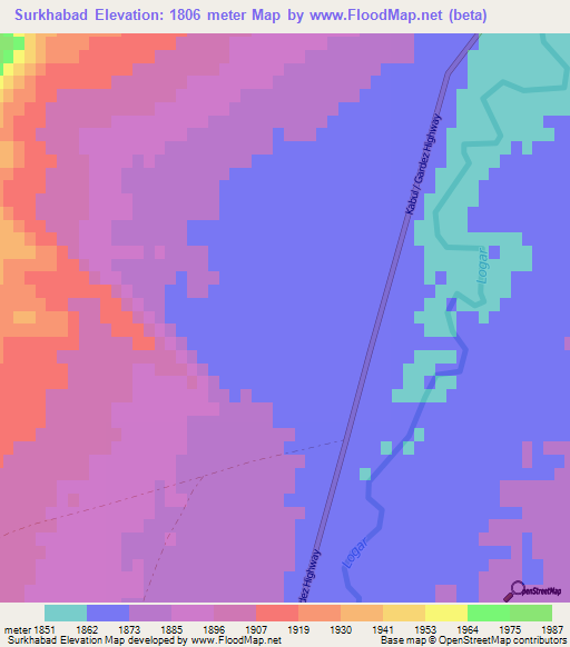 Surkhabad,Afghanistan Elevation Map