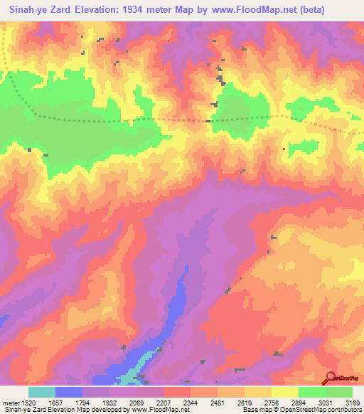 Sinah-ye Zard,Afghanistan Elevation Map