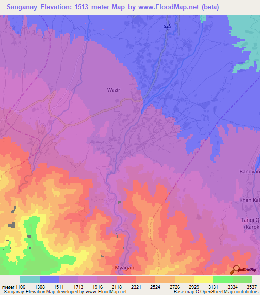 Sanganay,Afghanistan Elevation Map