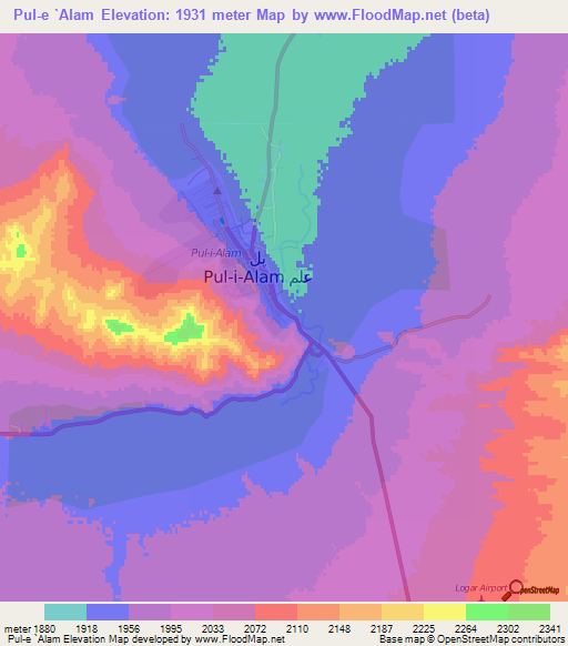 Pul-e `Alam,Afghanistan Elevation Map