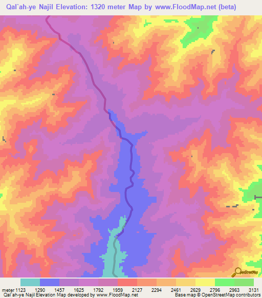 Qal`ah-ye Najil,Afghanistan Elevation Map