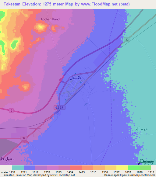 Takestan,Iran Elevation Map