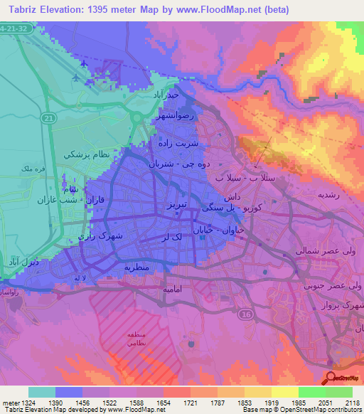 Elevation of Tabriz,Iran Elevation Map, Topography, Contour