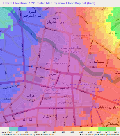 Tabriz,Iran Elevation Map