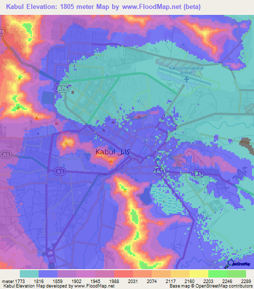 Kabul,Afghanistan Elevation Map